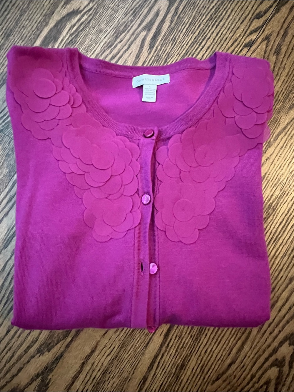 Charter Club Fuchsia Floral Applique Crewneck Cardigan